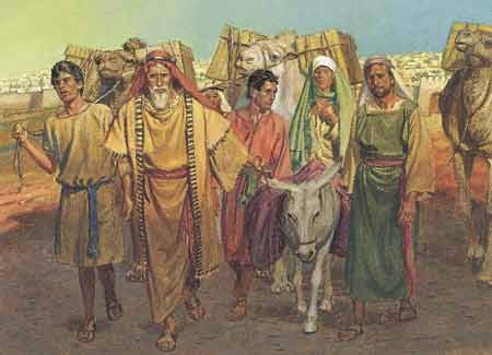 ancient family traveling with camels